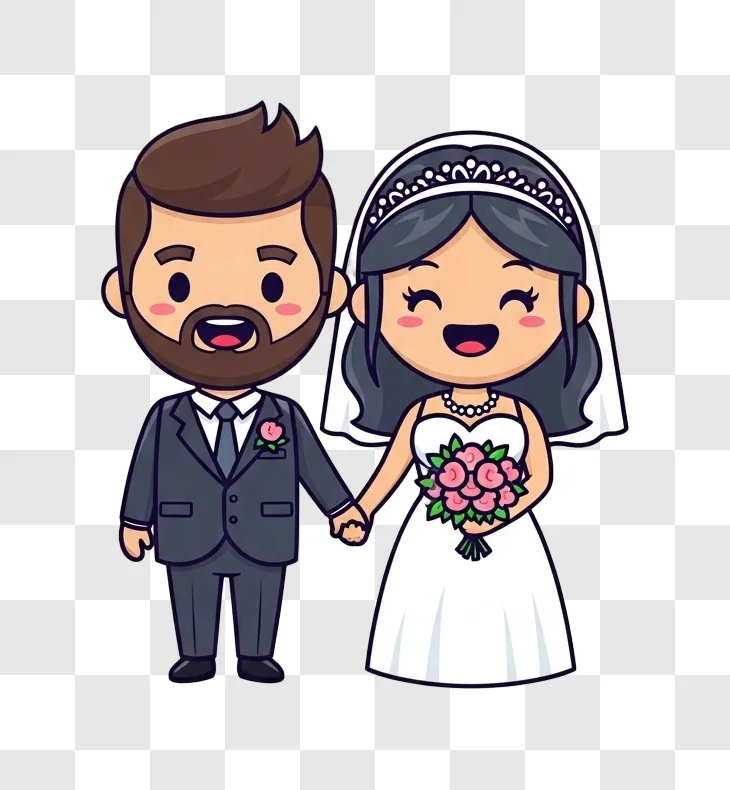 cartoon bride and groom holding hands