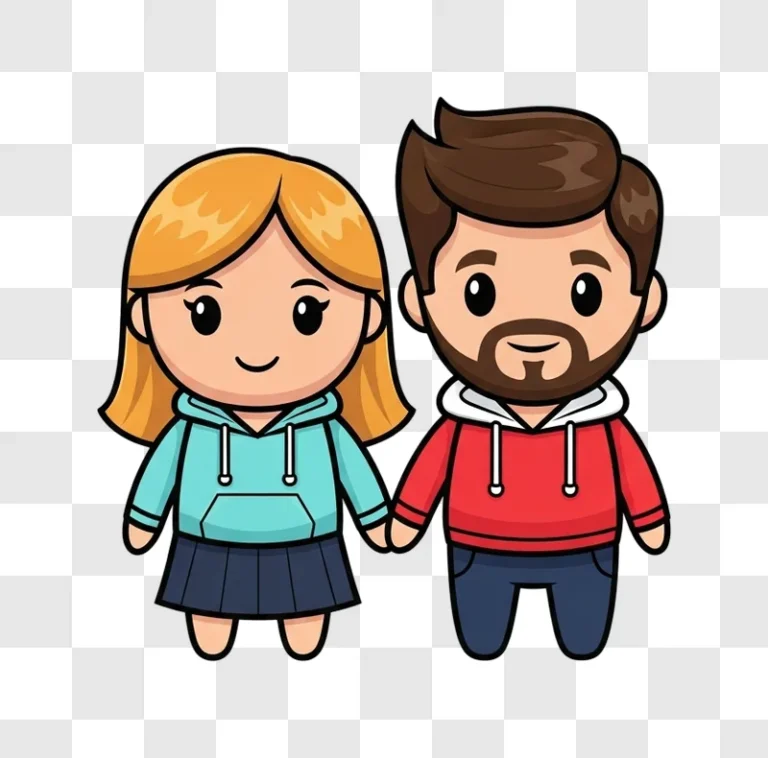 cartoon couple holding hands smiling