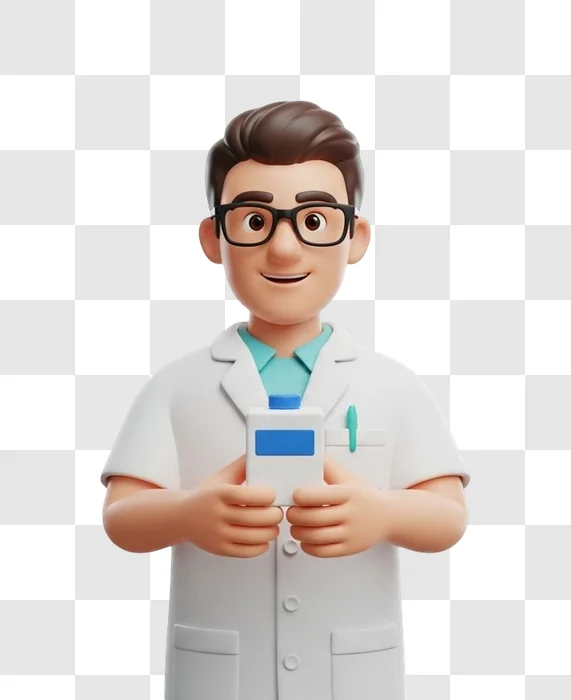 cartoon doctor holding medical device