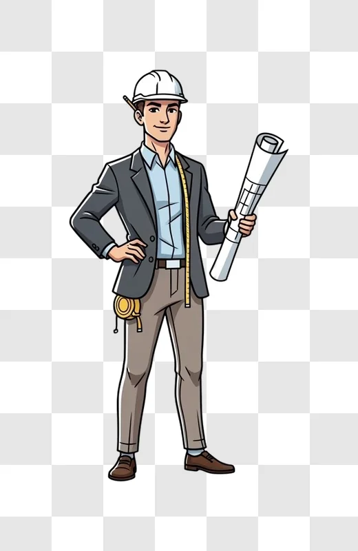 cartoon engineer holding blueprint and tools