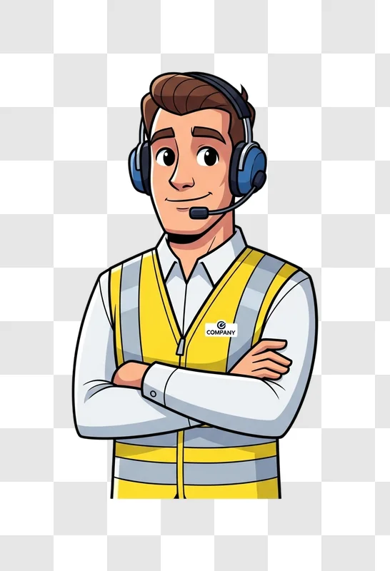 cartoon man wearing headset and vest