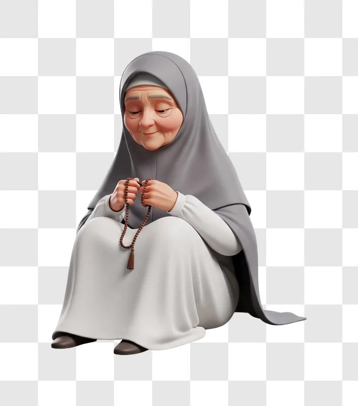 cartoon old woman reciting prayers with tasbih