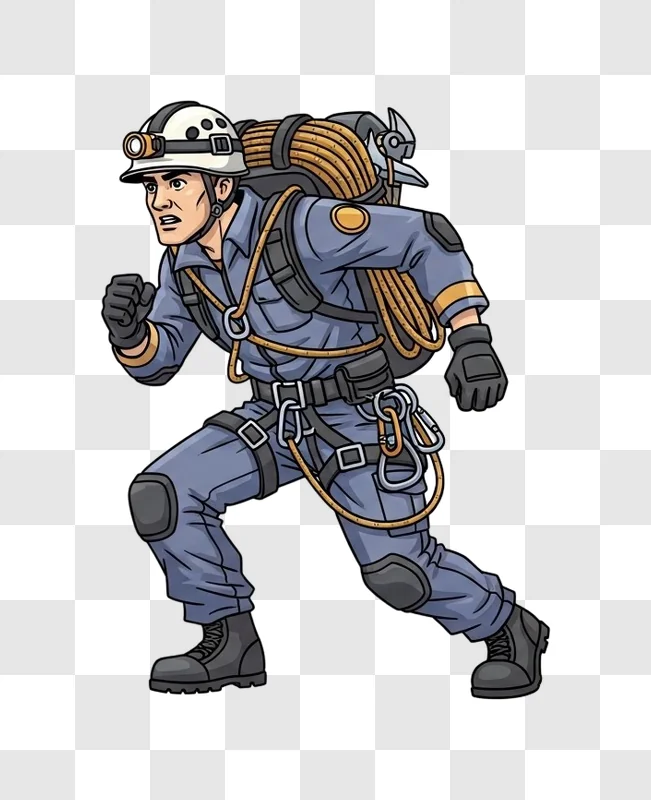 cartoon rescuer running urgently with climbing gear