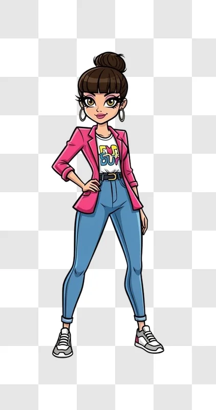 cartoon woman in pink jacket