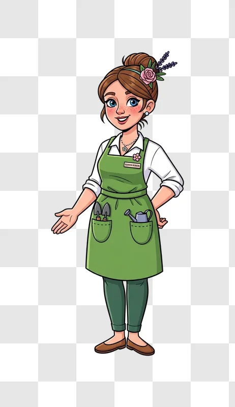 cartoon woman wearing green apron standing