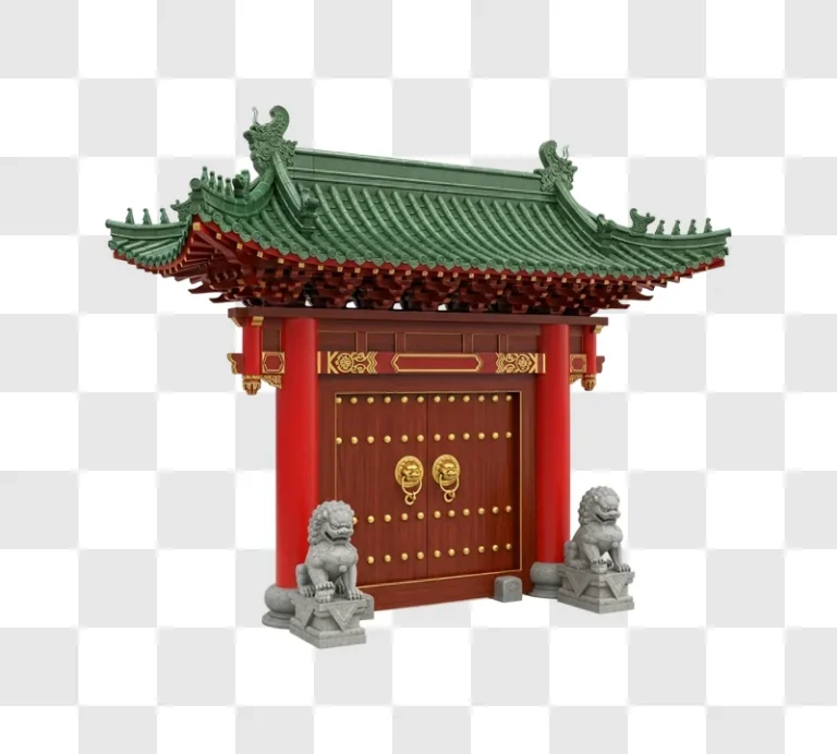 chinese temple gate with lion statues