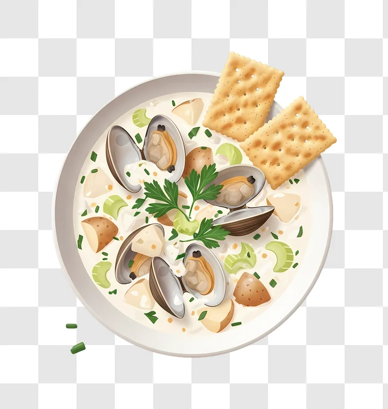 clam chowder with crackers on top