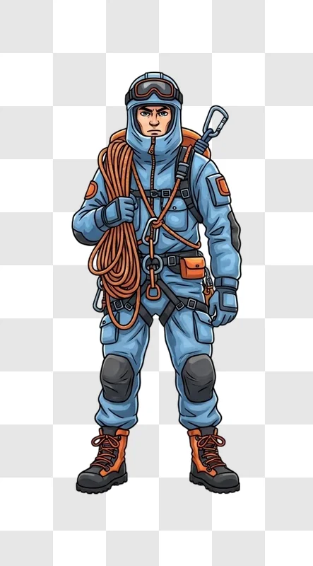 climber in blue gear standing