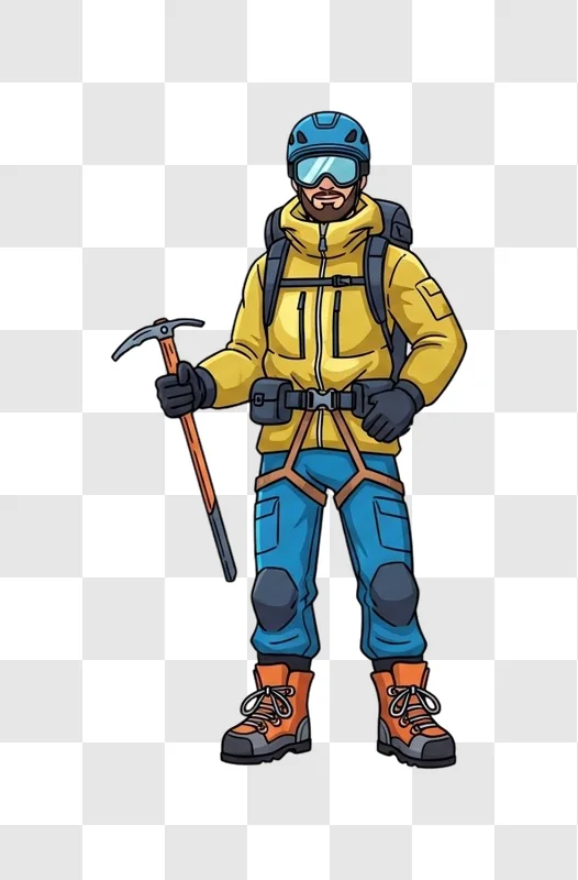 climber in yellow jacket and blue pants
