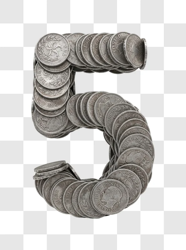 coins stacked in the shape of the number five