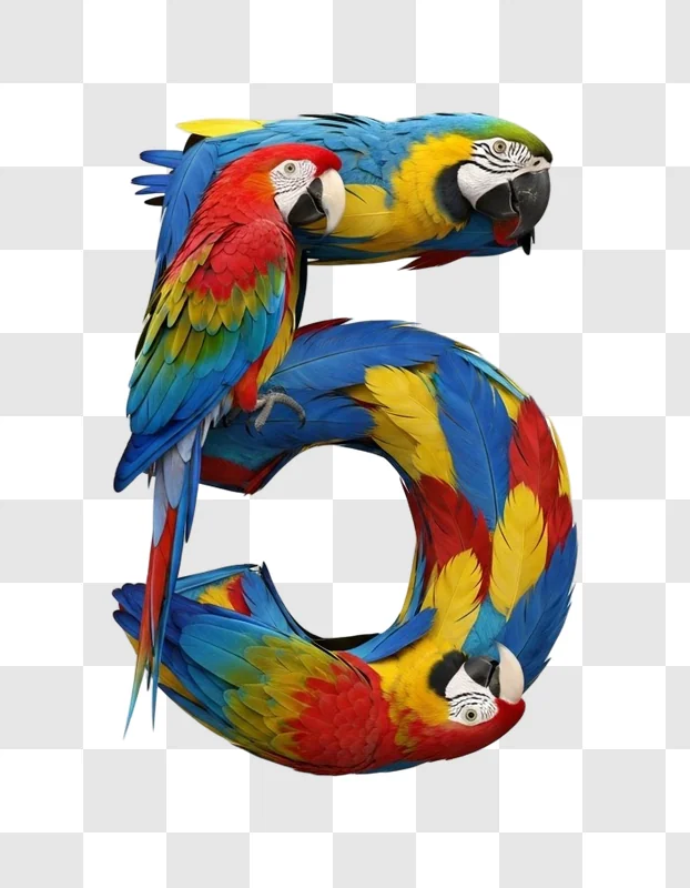colorful parrots forming the number five