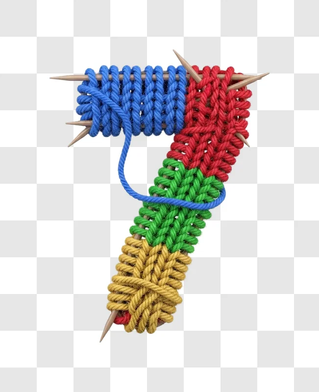 colorful yarn on knitting needles forming the number seven