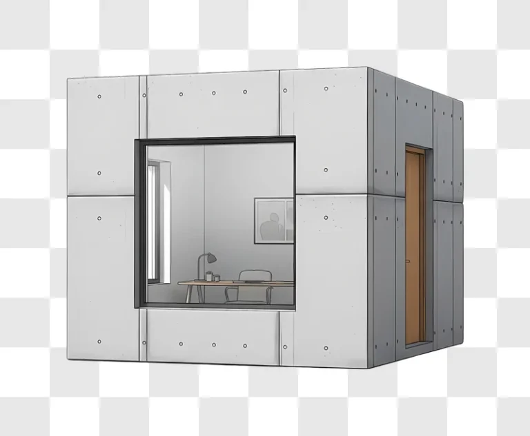 concrete office pod with desk inside