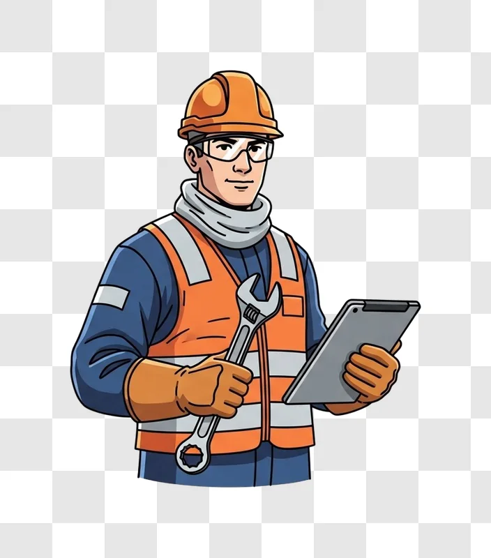 construction worker holding wrench and tablet