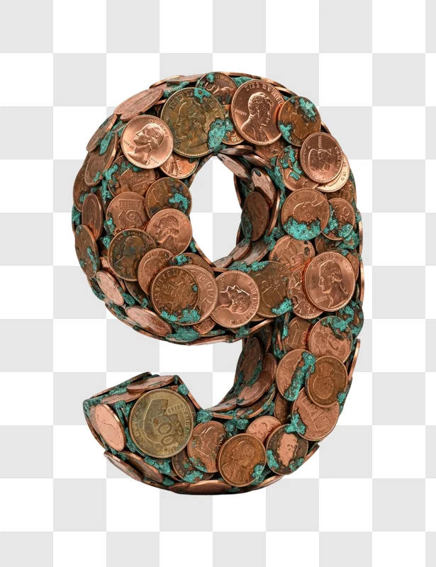 copper coins forming number nine