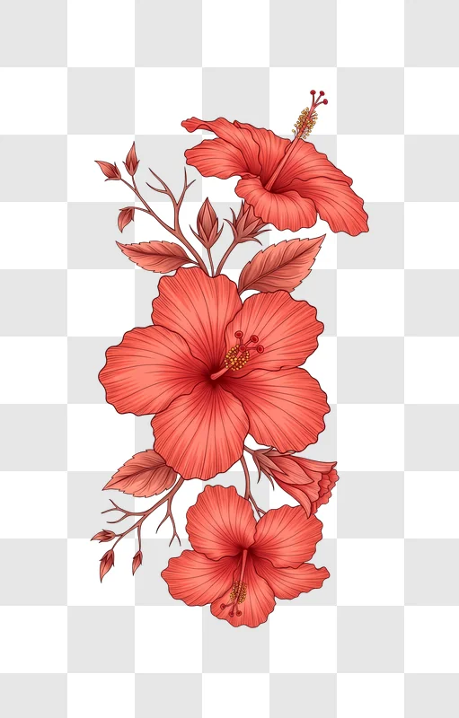coral hibiscus flower branch illustration