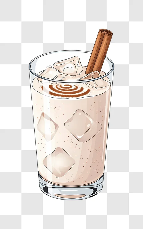 creamy drink with ice and cinnamon stick