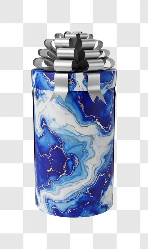 cylindrical blue marble gift box silver bow