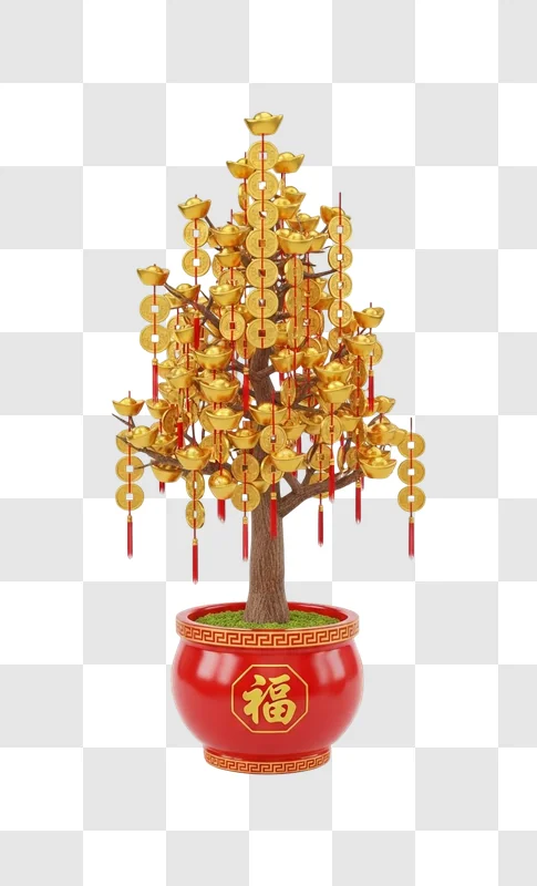 decorative potted gold tree with ornaments