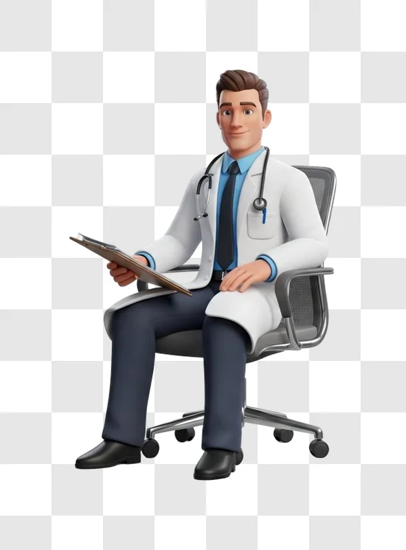 doctor sitting in office chair smiling