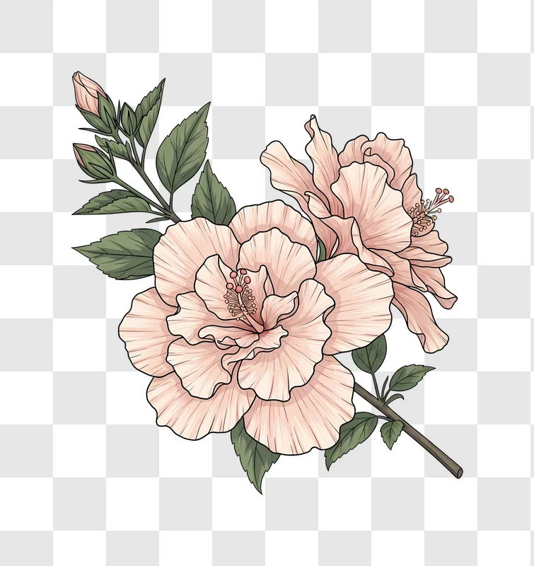 elegant pink hibiscus flowers and buds illustration