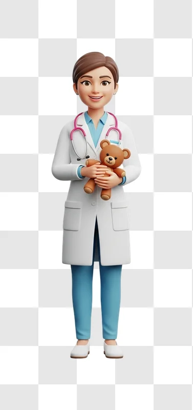 female doctor holding teddy bear smiling