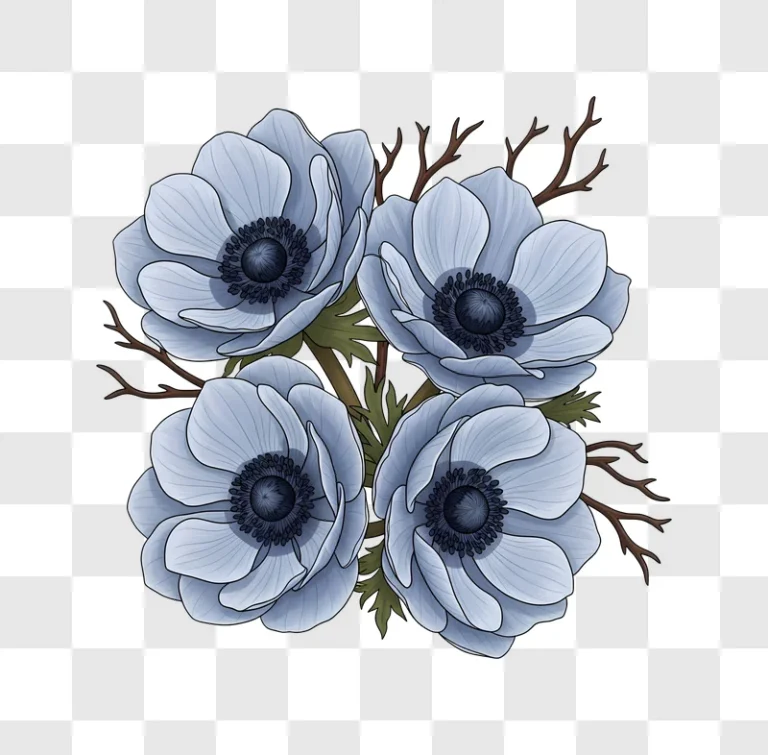 four pale blue anemone flowers and branches