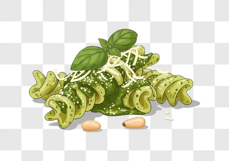 fusilli pasta with pesto and basil garnish