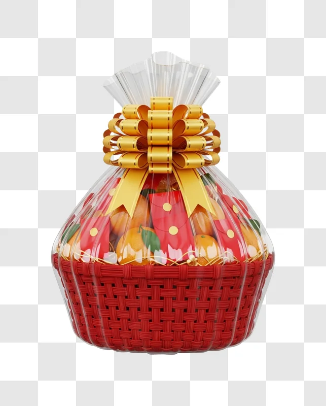 gift basket with gold ribbon wrapped