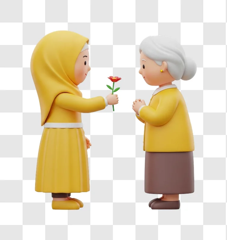 girl giving flower to senior woman