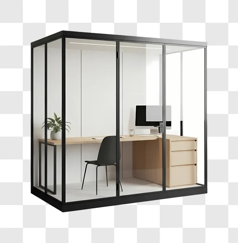 glass office pod with desk and chair