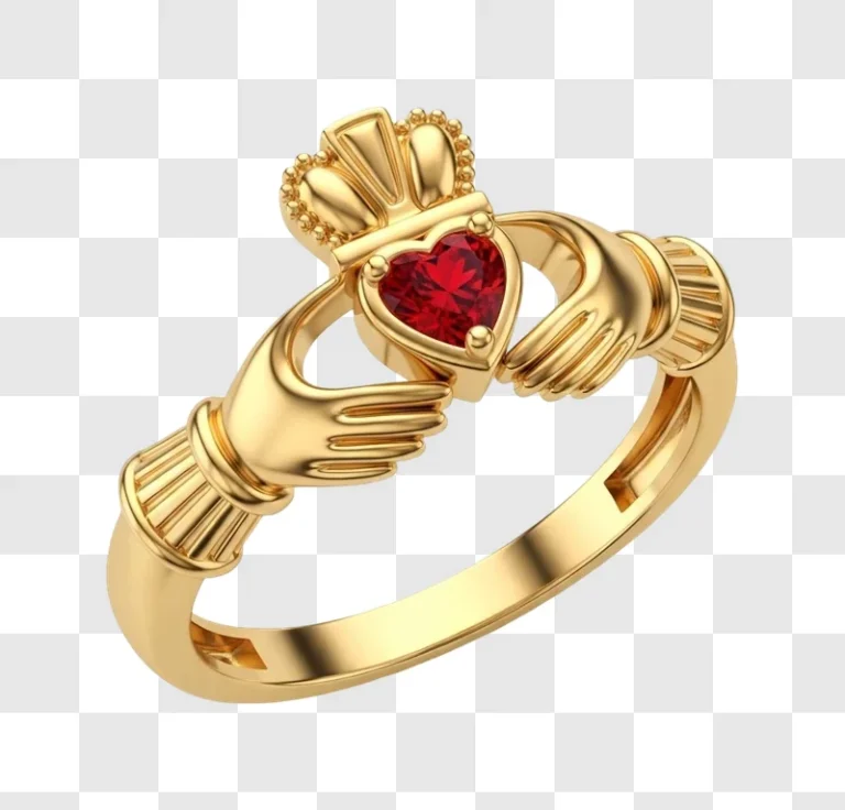 gold claddagh ring with red gemstone