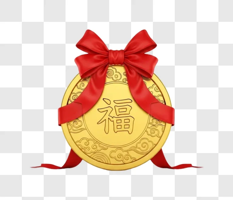 gold coin with red ribbon bow