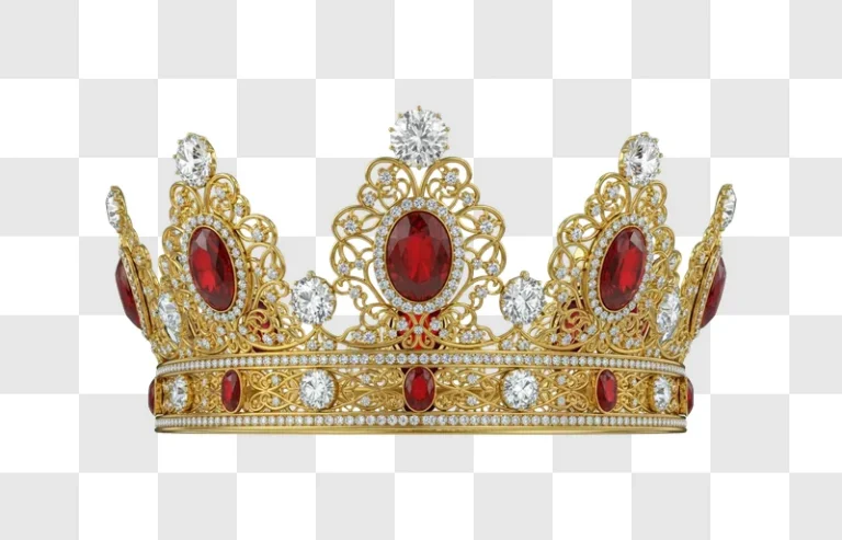 gold crown with red jewels and diamonds