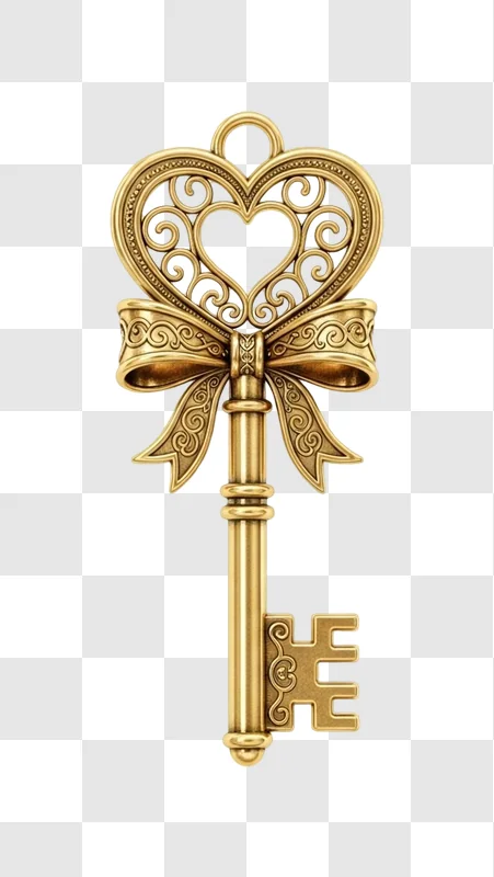 golden heart shaped key with bow