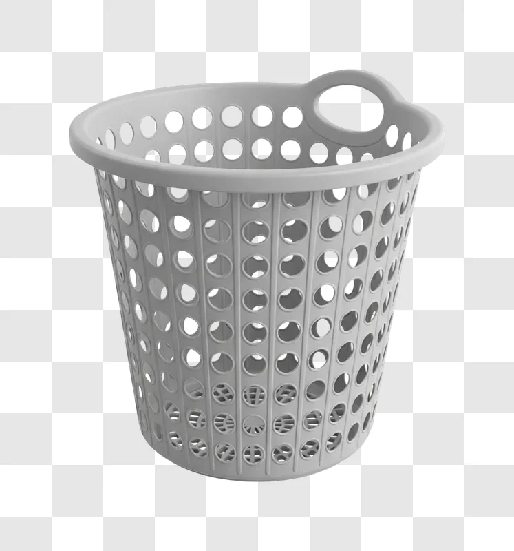 gray plastic laundry basket with holes