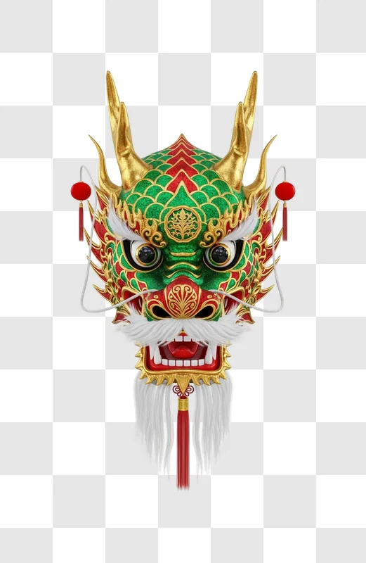 green dragon dance performance mask closeup