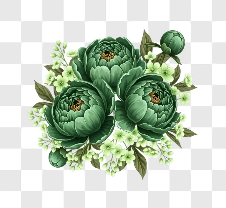 green peonies and delicate blossoms arrangement