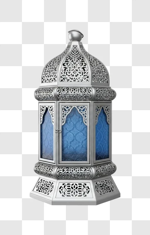 intricately designed metal lantern with blue glass