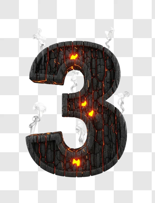 large burning wooden number three