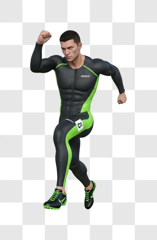 male runner in black green suit ready to start