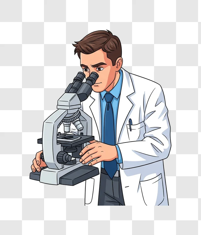 man in lab coat using microscope