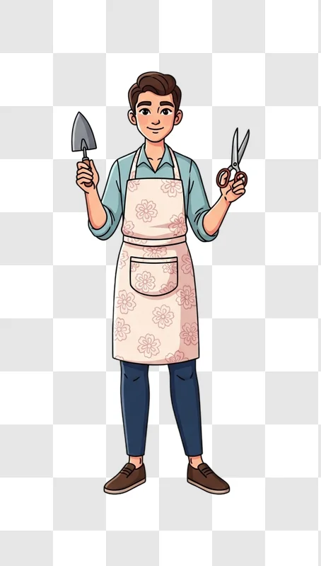 man wearing apron holding tools