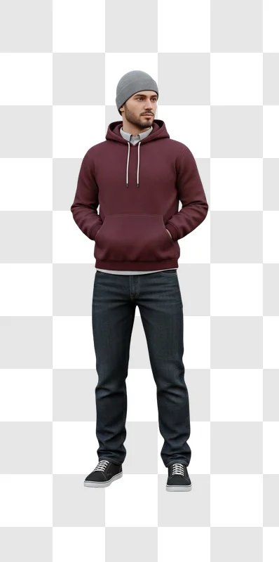 man wearing maroon hoodie and jeans