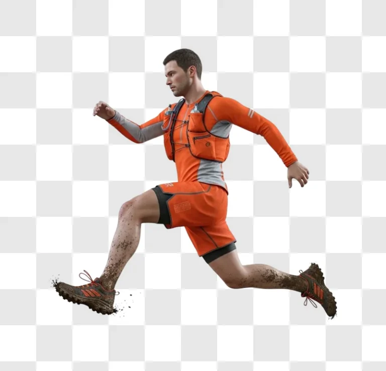 man wearing orange running gear sprinting