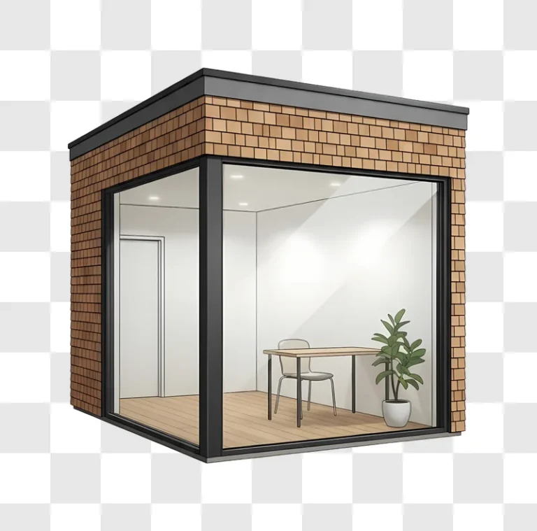 modern tiny house interior with desk and plant