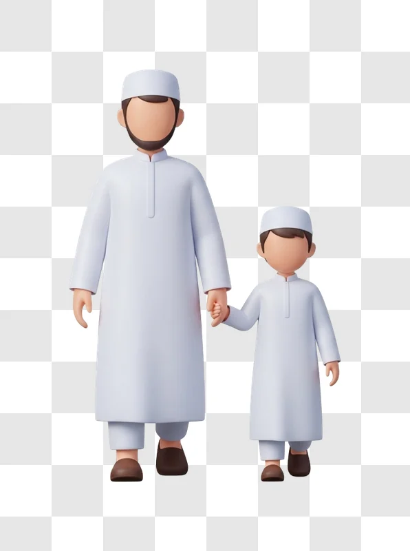 muslim father and son in traditional clothes