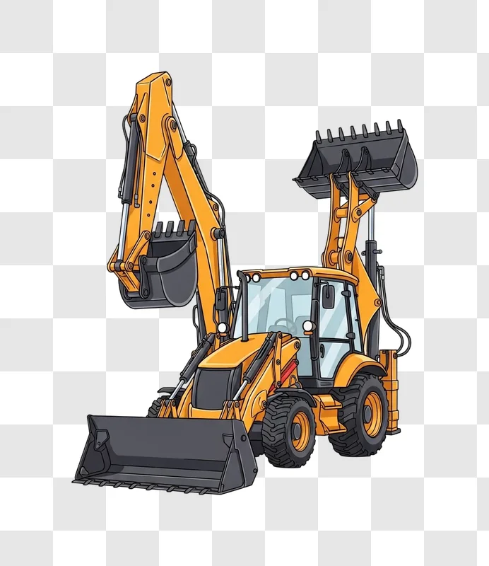 orange backhoe loader with both buckets extended