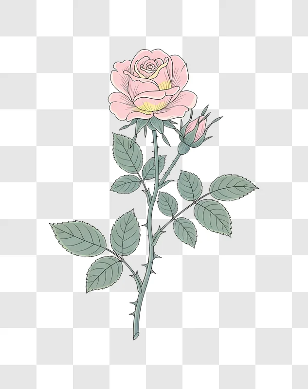 pink rose stem with leaves and bud