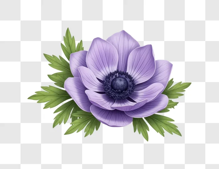 purple anemone flower with leaves